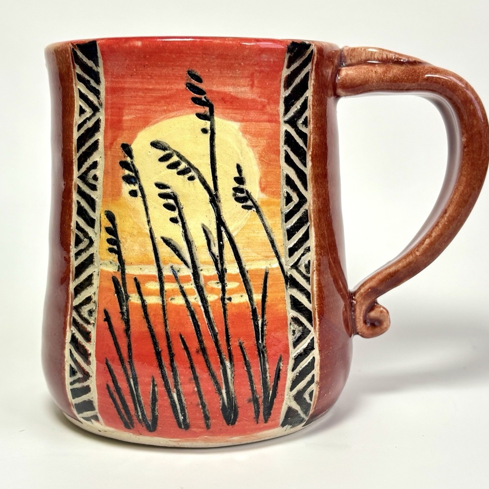 Handmade Linda Bell Art Pottery Mug Rustic Orange Red Sunset Grass Geometric